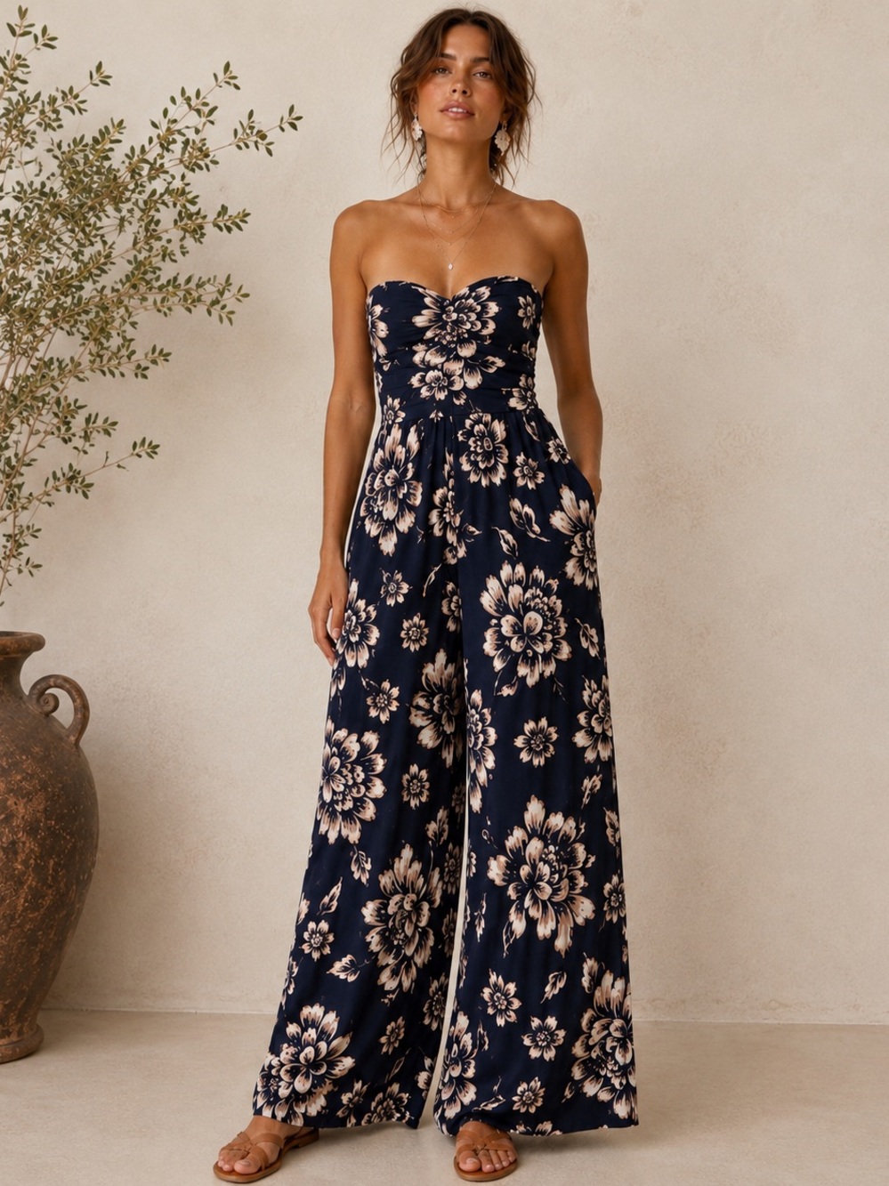 Strapless Floral Wide Leg Jumpsuit Sweetheart Neck